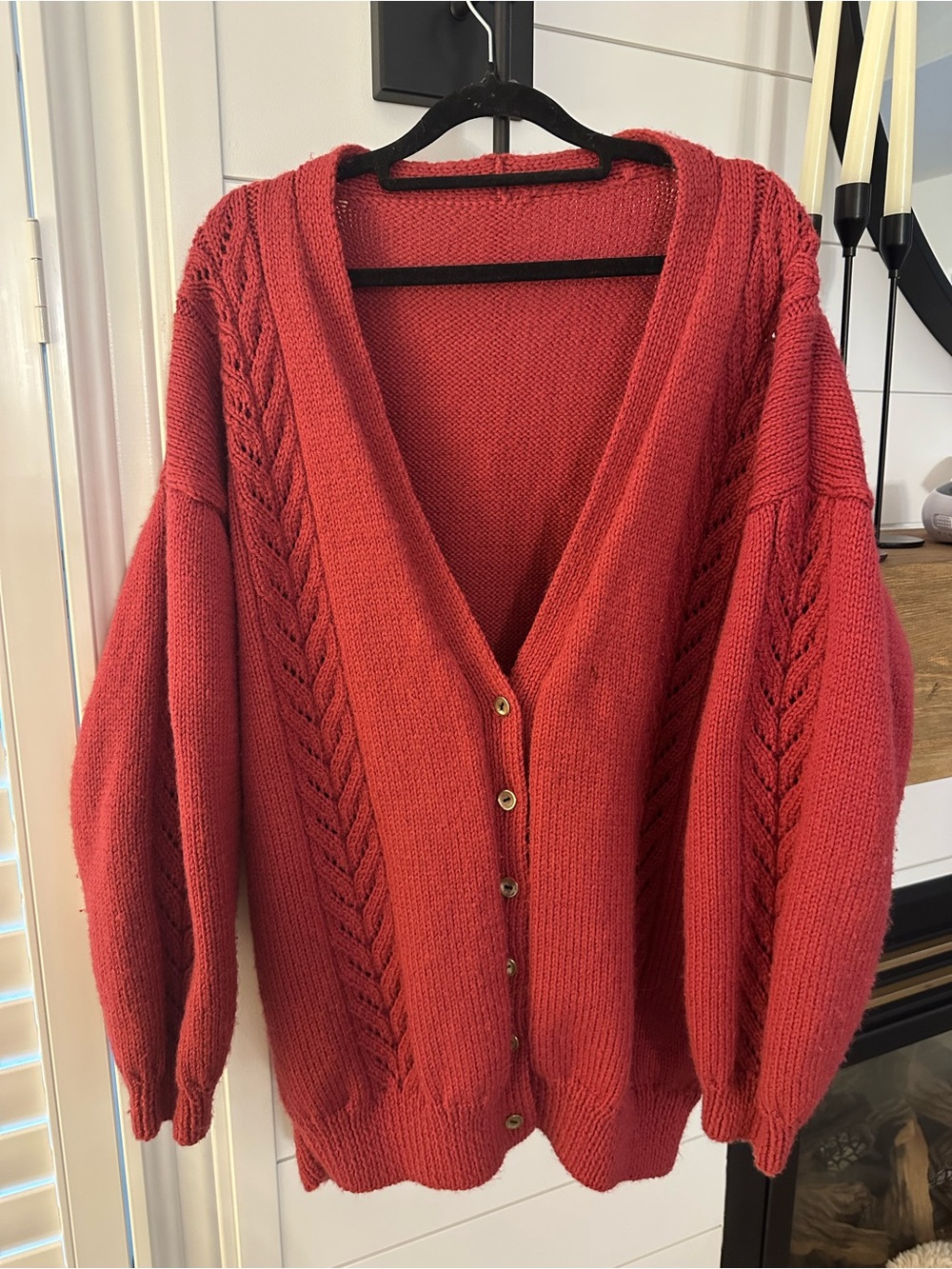 Hand Knit WOOL Cable-Trim Button-Front Womens Cardigan Sweater